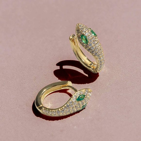 Dainty Tiny Serpent Hoop Earrings with Emerald Simulant CZ Stones NEW Stamped925 - Picture 5 of 7